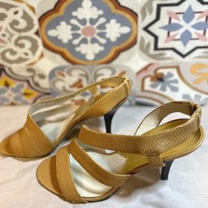 Micheal Kors Embossed Leather Strappy Stilleto Sandal, Camel/Tan, size 10